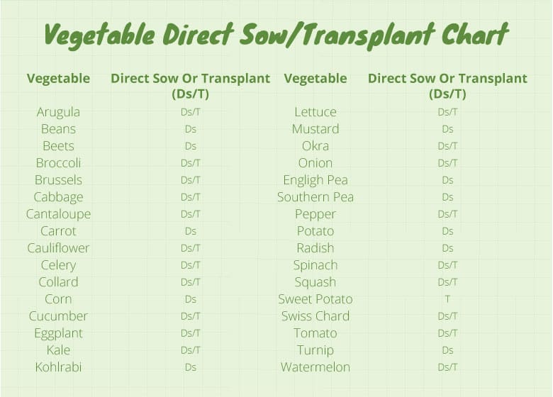 Direct Sow Or Transplant Chart
